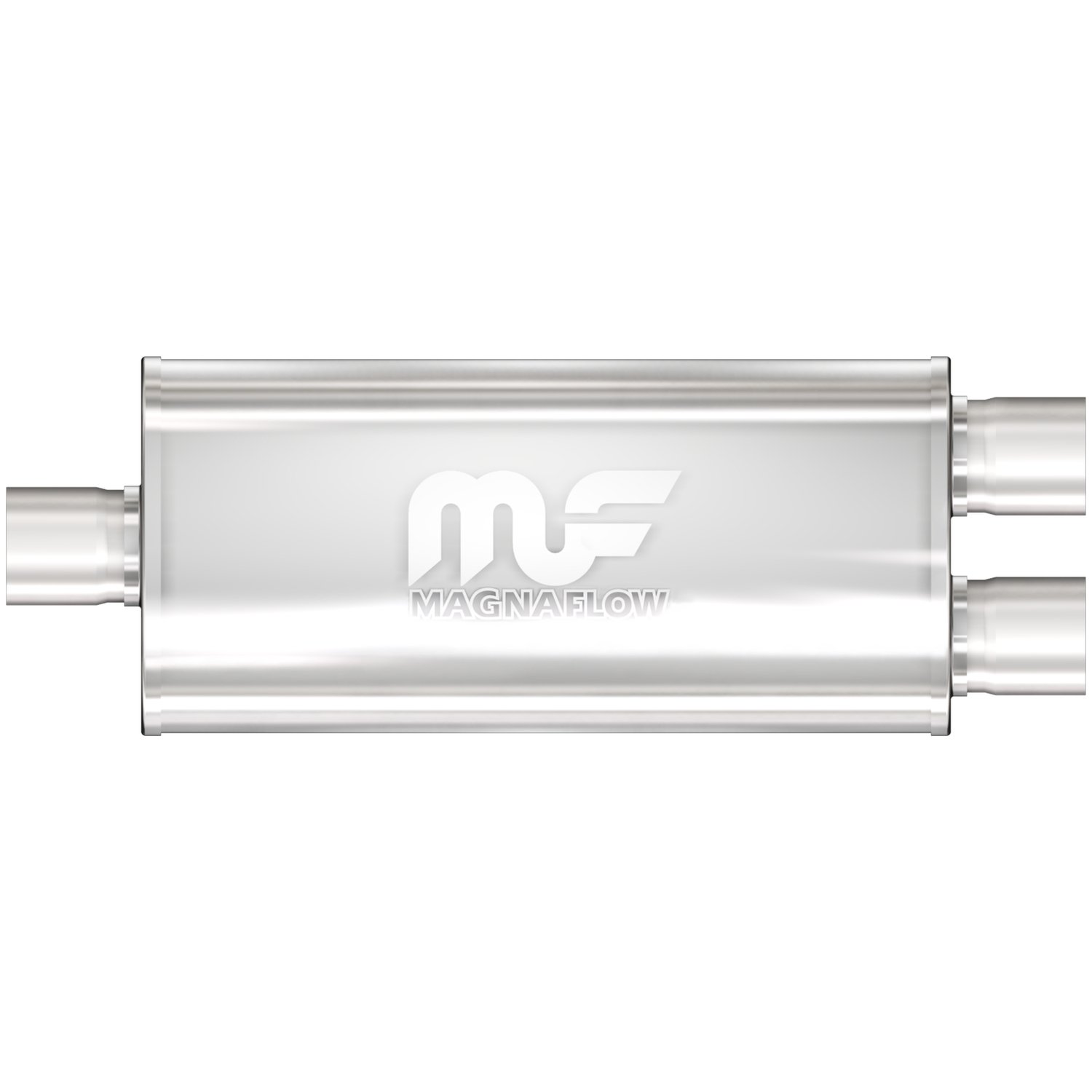 5" x 8" Oval Muffler Center In/Dual Out: 2.25"/2" Body Length: 14" Overall Length: 20" Core Size: 2.5" Satin Finish
