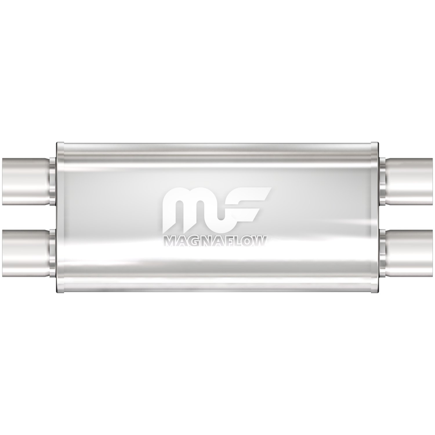 5" x 8" Oval Muffler Dual In/Dual Out: 2.5" Body Length: 18" Overall Length: 24" Core Size: 2.5" Satin Finish