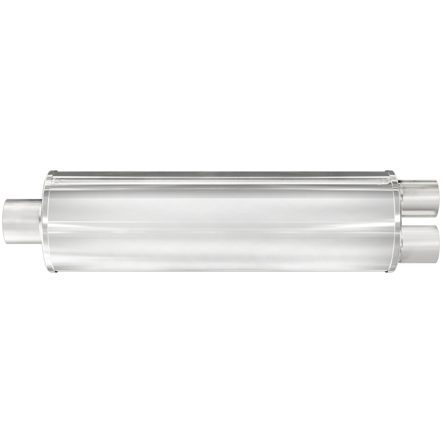 7" Round XL 3-Chamber Muffler Single In/Dual Out: 3"/2.5" Body Length: 30" Overall Length: 36" Satin Finish