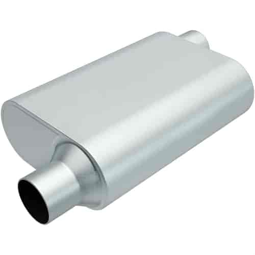 Rumble Chamber Muffler Offset In/Offset Out: 2.25"/2.25" Body Length: 13" Overall Length: 19"