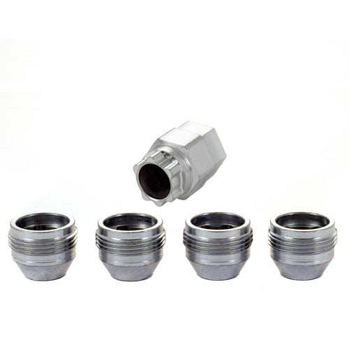 Locking Lug Nuts - Chrome Cone Seat-Open End Style Thread Size: 1/2-20 Key Hex Size: 3/4" & 13/16" Includes 4 Lug Nuts and 1 Key