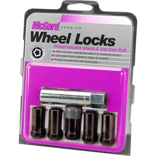 Locking Lug Nuts - Chrome/Black Cone Seat-Tuner Style Thread Size: 1/2"-20 Key Hex Size: 13/16" Includes 5 Lug Nuts and 1 Key