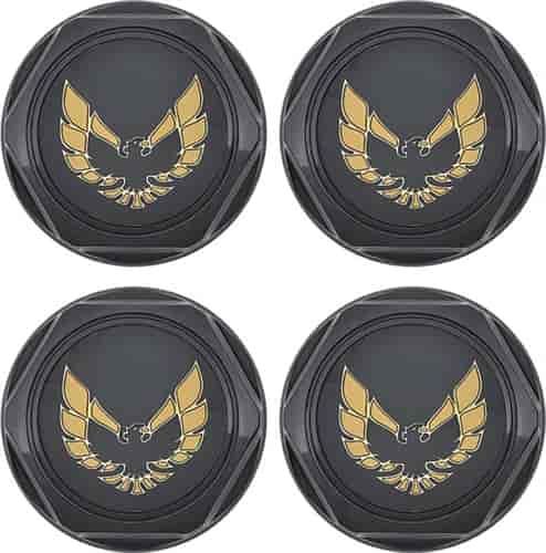 881151 Wheel Center Cap 1977-81 Firebird; Set; Black with Gold Bird Logo w/Metal Clips; 4 Piece