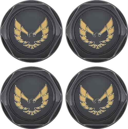 881153 Wheel Center Cap Set 1977-81 Firebird; Gloss Black with Gold Bird Emblem Without Metal Clips (4 pc)