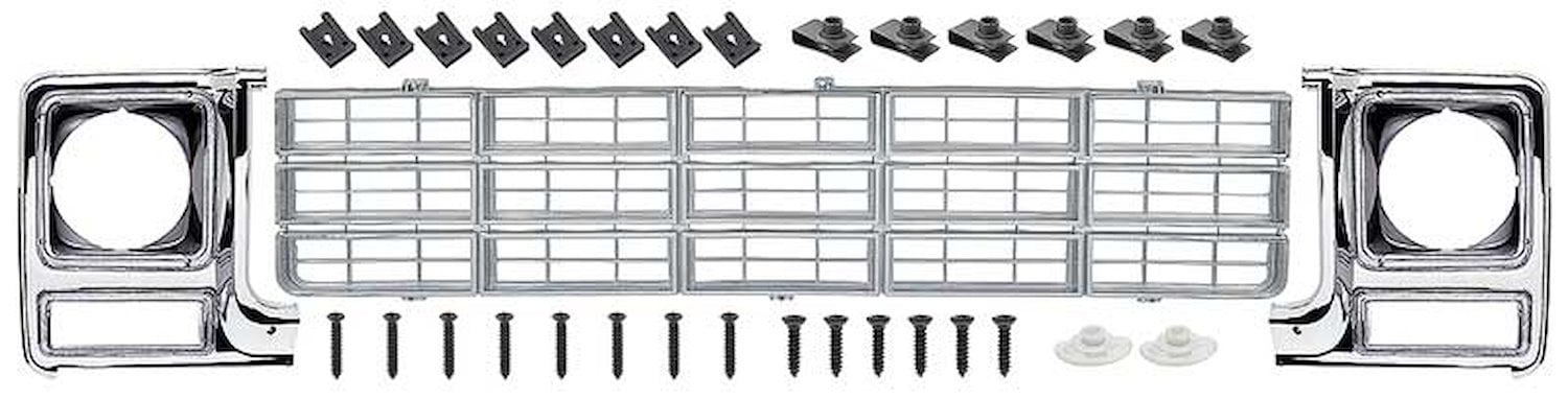 881334 Grill and Round Headlamp Bezel Basic Set 1979-80 Chevrolet Pickup ; Emblem Delete; Chrome