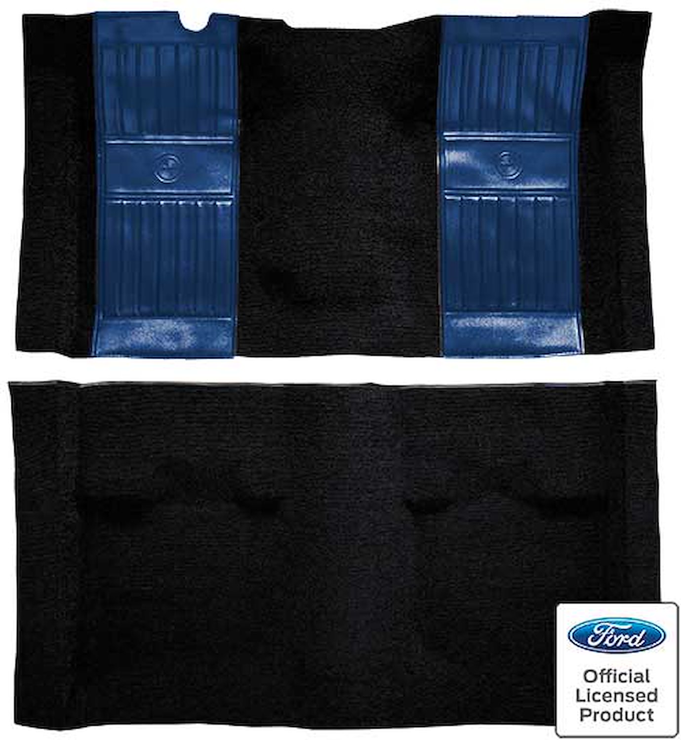 A4117B12 Nylon Loop Floor Carpet With Mass Backing 1971-73 Mustang Mach 1; Black/Dark Blue Pony Inserts