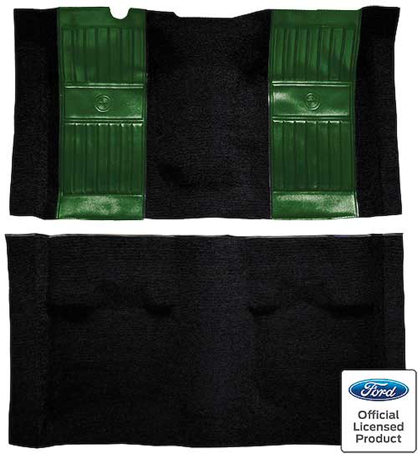 A4117B39 Nylon Loop Floor Carpet With Mass Backing 1971-73 Mustang Mach 1; Black/Green Pony Inserts