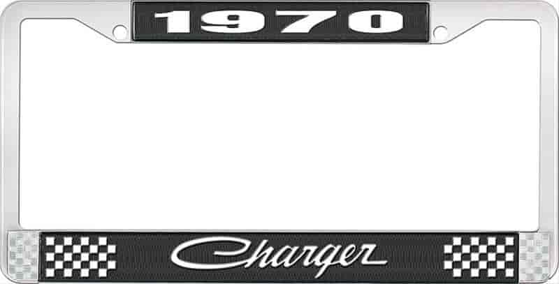 1970 Charger License Plate Frame - Black & Chrome with White Lettering