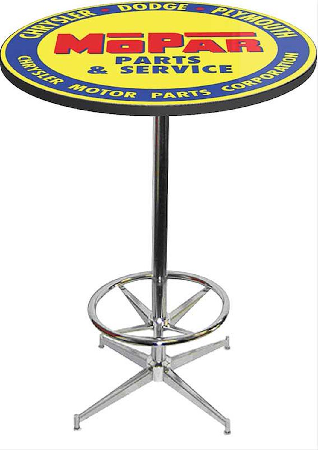 MD673104 Pub Table With Chrome Base And Foot Rest 1948-53 Style Blue/Yellow Mopar parts And Accessories Logo Pub Table With Chro