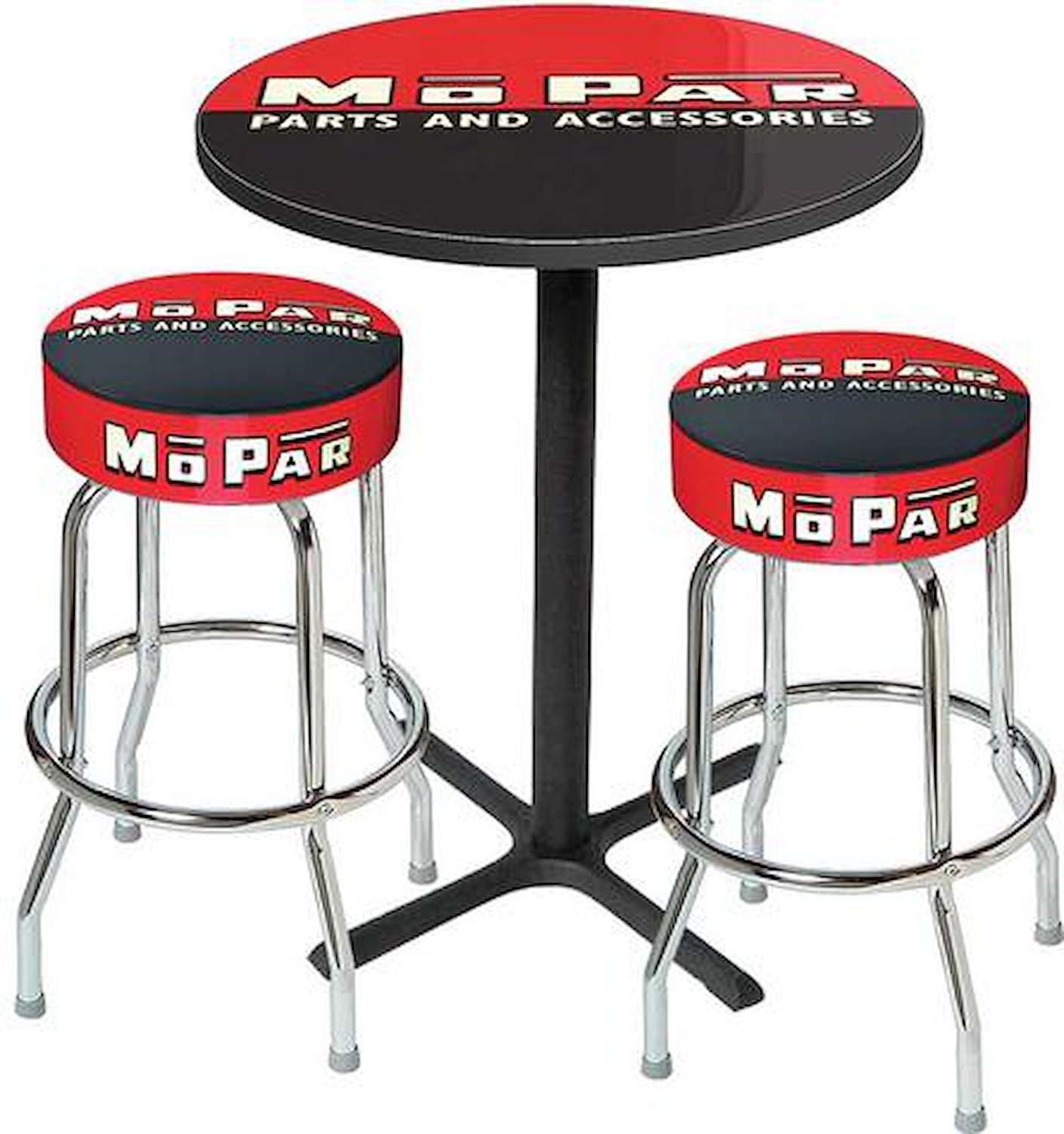 MD67503 Pub Table & Stool Set Mopar Black/Red Logo; Black Base With 2 Chrome Stools (3-Piece); Style 3