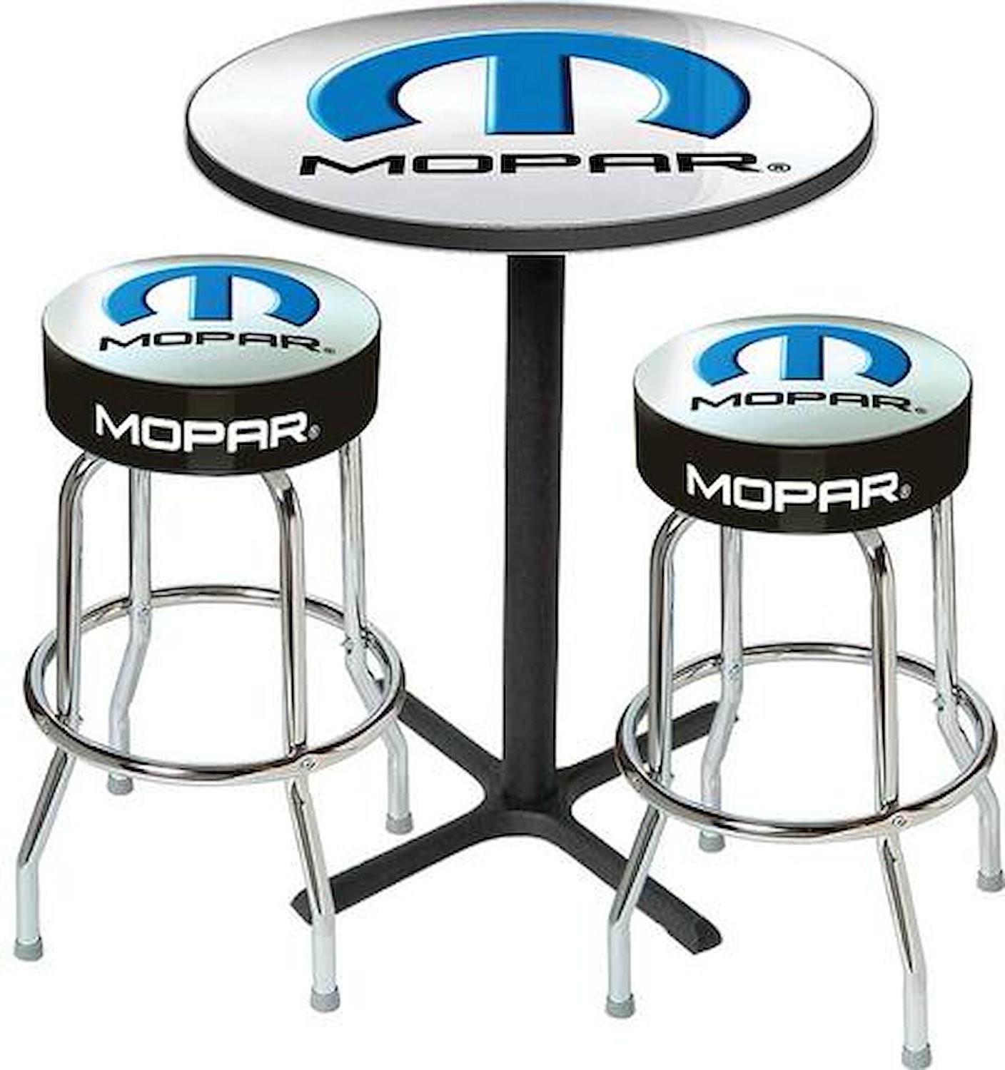 MD67508 Pub Table & Stool Set 2001-13 Mopar Logo; Black Base Table With 2 Chrome Stools (3-Pc); Style 8