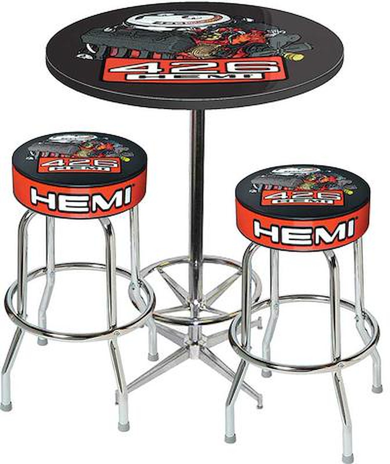 MD67713 Table & Stool Set; Mopar 426 Hemi Logo; Chrome Based Table With Foot Rest & 2 Chrome Stools