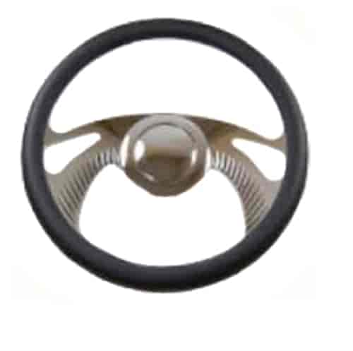 14 POLISHED BILLET BOOMERANG STYLE STEERING WHEEL WITH LEATHER GRIP