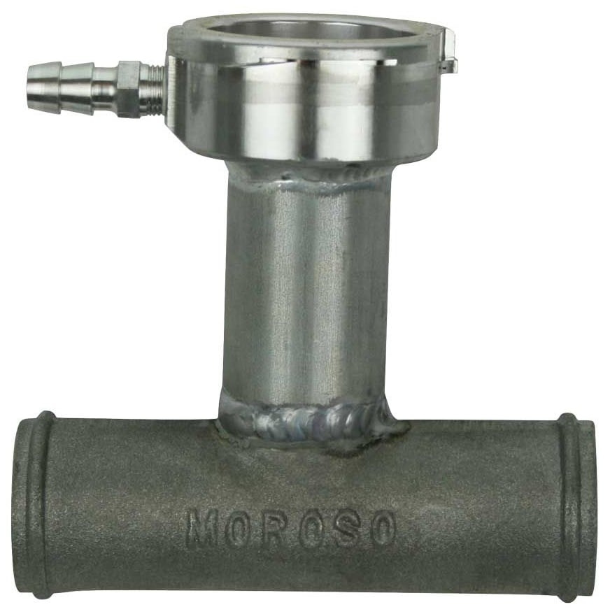 Moroso 63483: Inline Radiator Filler Neck | 1.250 in. Inlet/Outlet | 4 in.  Extended Height | 356-T6 Cast Aluminum Body | Billet Aluminum Neck |  Includes: (1) 1/8 in. NPT Barbed Fitting - JEGS