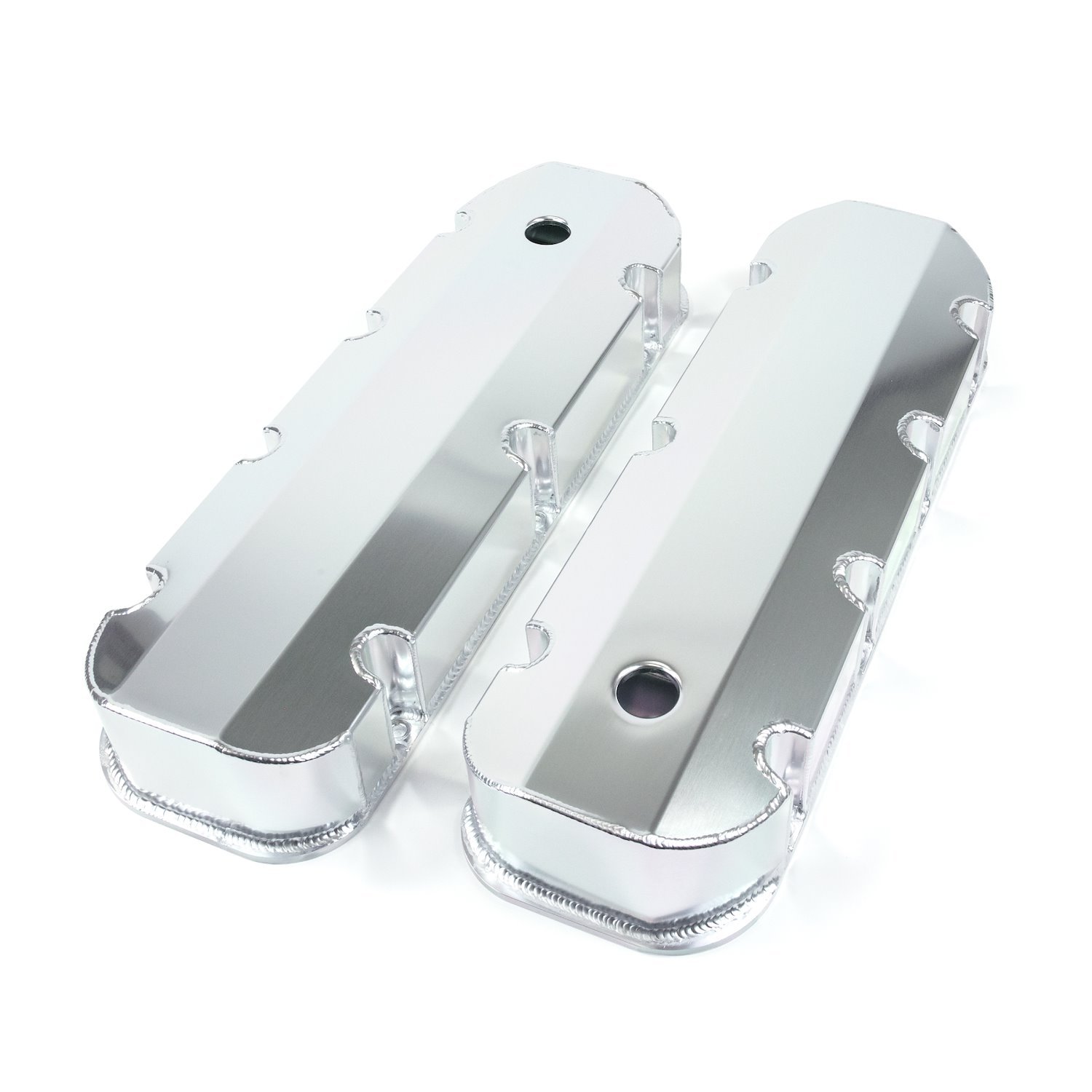 JM8092-8CA Valve Covers, Fab. Alum., Short Bolt w/ Holes BBC, Clear Anodized