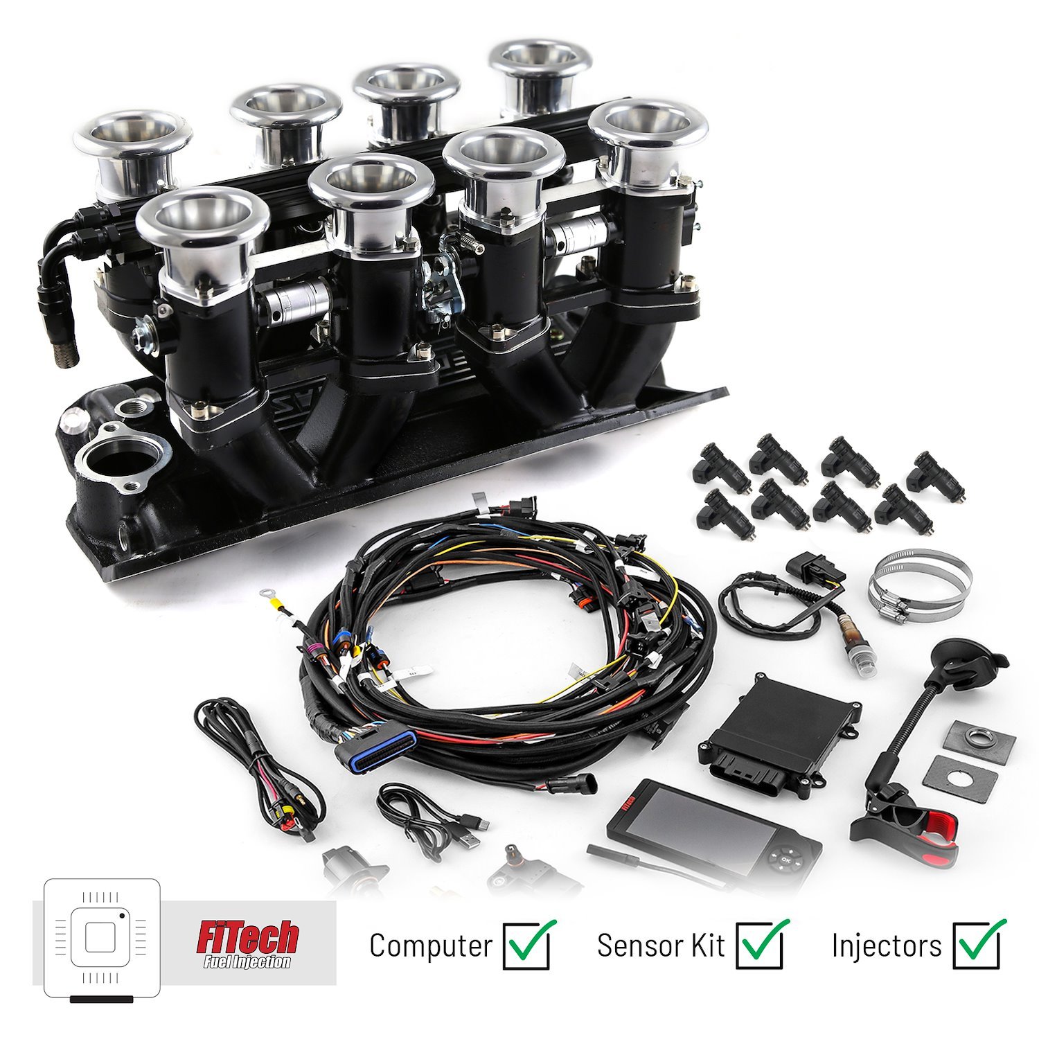 1-135-010-02 Chevy SBC 350 Downdraft & FiTech Ultra EFI Fuel Injection System [Black]