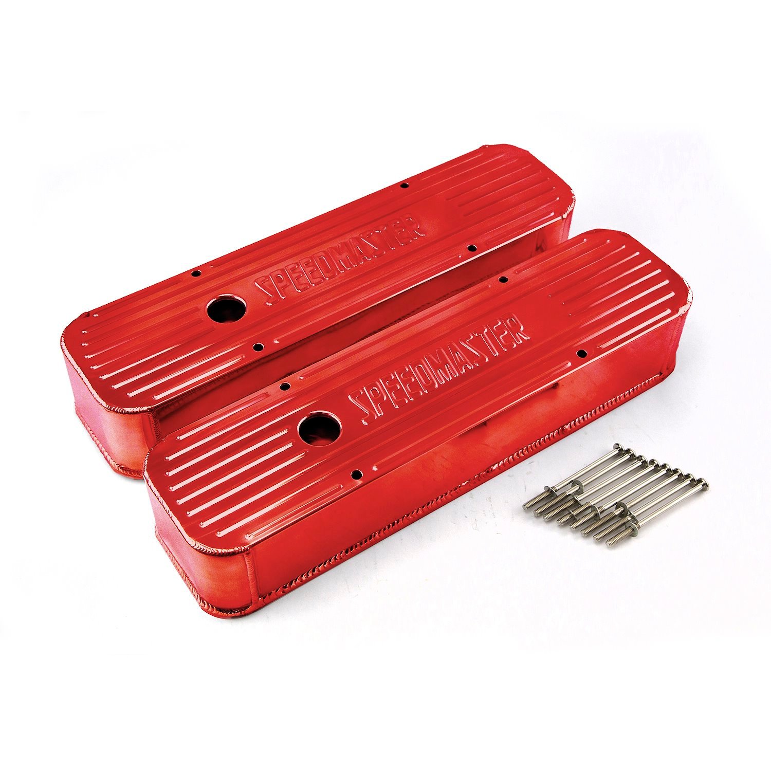 PCE314.1099.04 Chevy SBC 350 Red Anodized Fabricated Valve Covers - Tall w/ Hole
