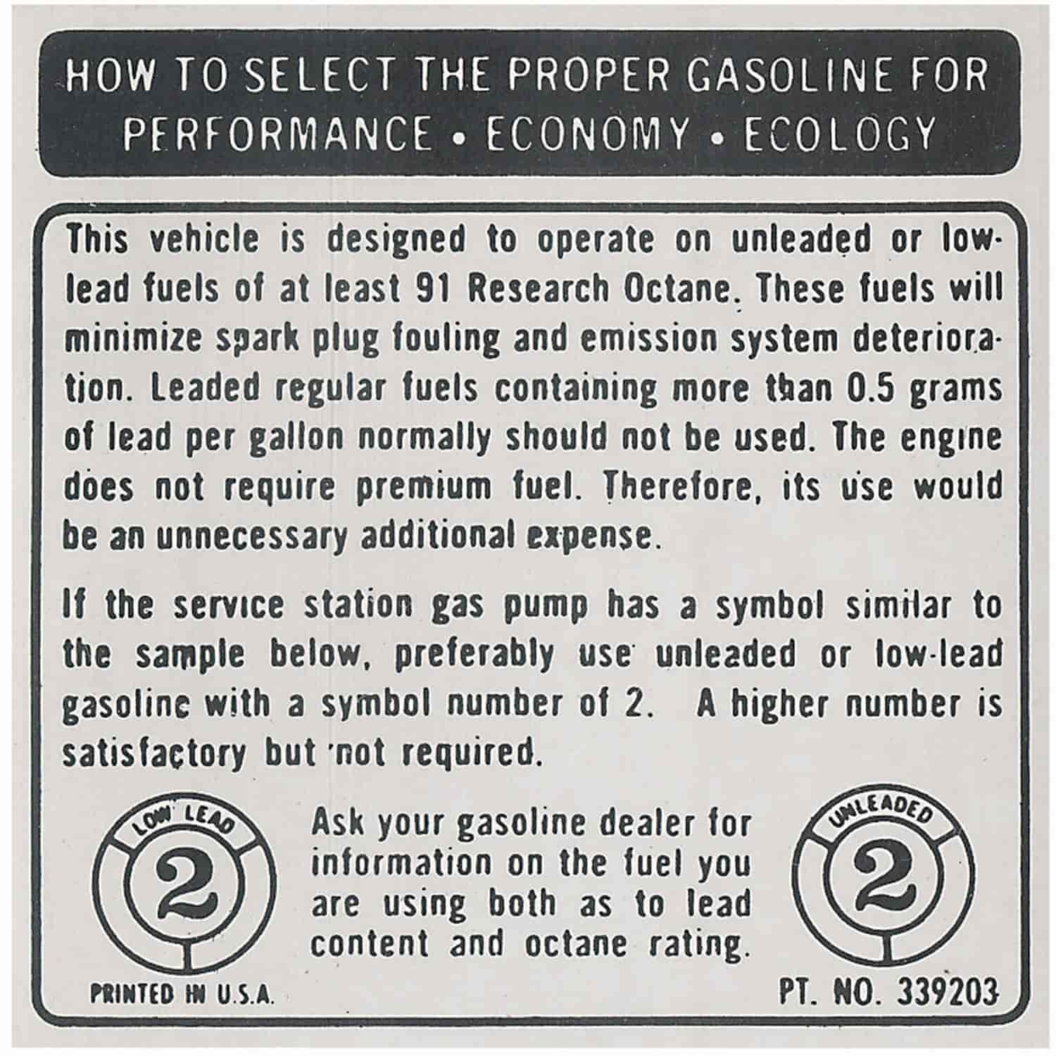 Decal 73-74 Riviera Fuel Requirement 91 Octane