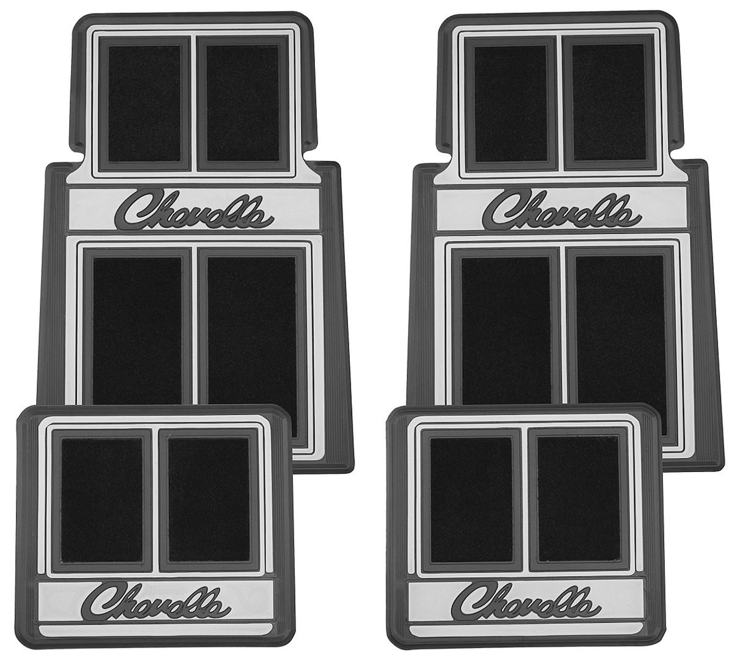 CFM0304BK Rubber Floor Mat Set for 1964–1977 Chevy Chevelle, w/ Chevelle Logo [Black/Grey]