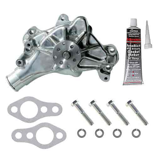 High-Flow Aluminum Long Water Pump Kit for Small Block Chevy Includes: Polished Water Pump, Gaskets, Bolts, & RTV