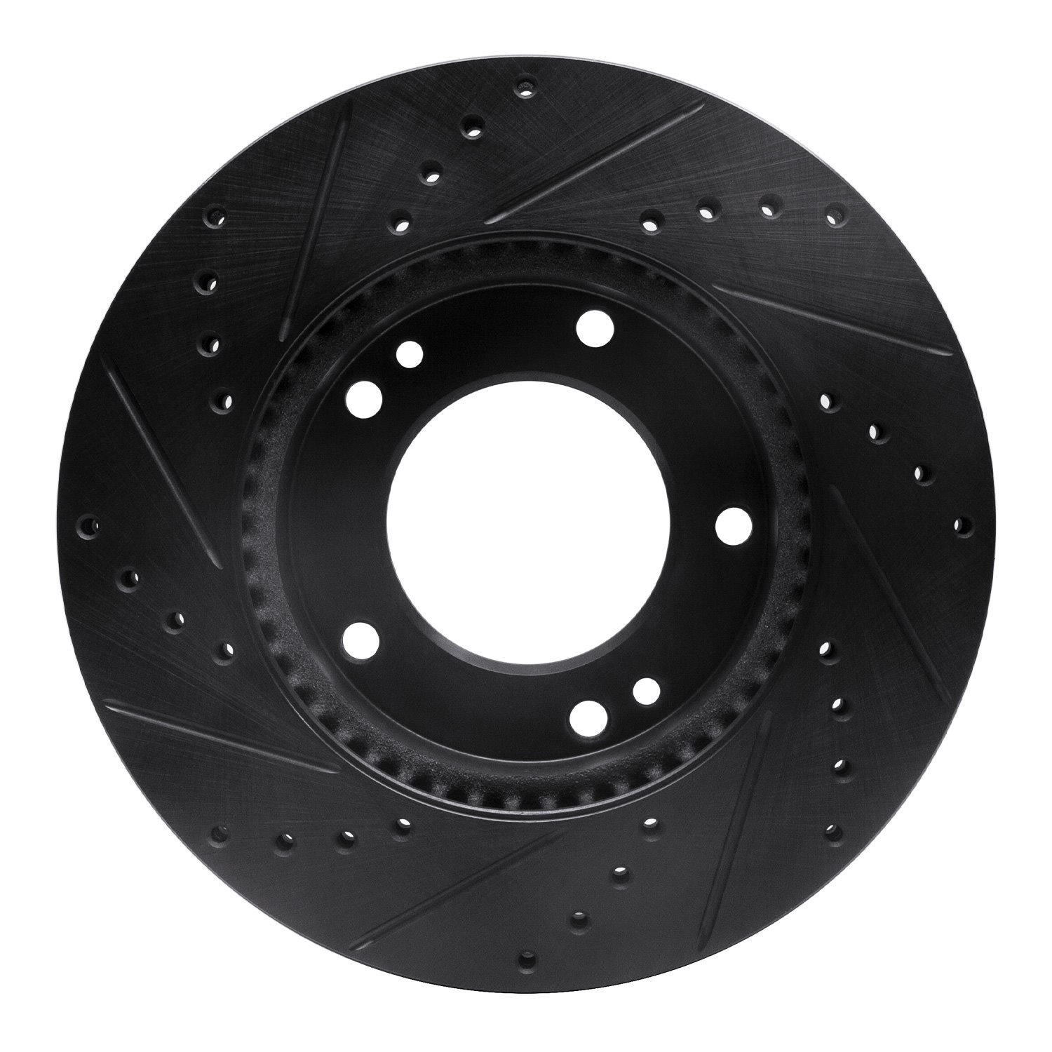 E-Line Drilled & Slotted Black Brake Rotor, 2007-2009 Kia/Hyundai/Genesis, Position: Front Right