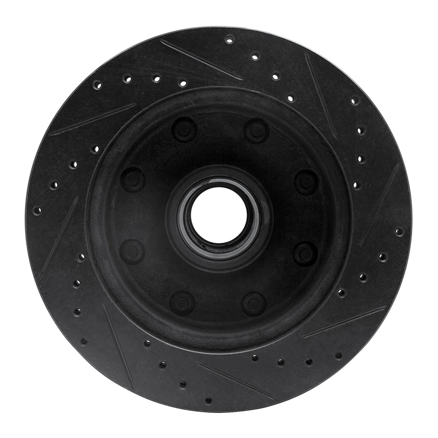 E-Line Drilled & Slotted Black Brake Rotor, 1980-1985 Ford/Lincoln/Mercury/Mazda, Position: Front Left