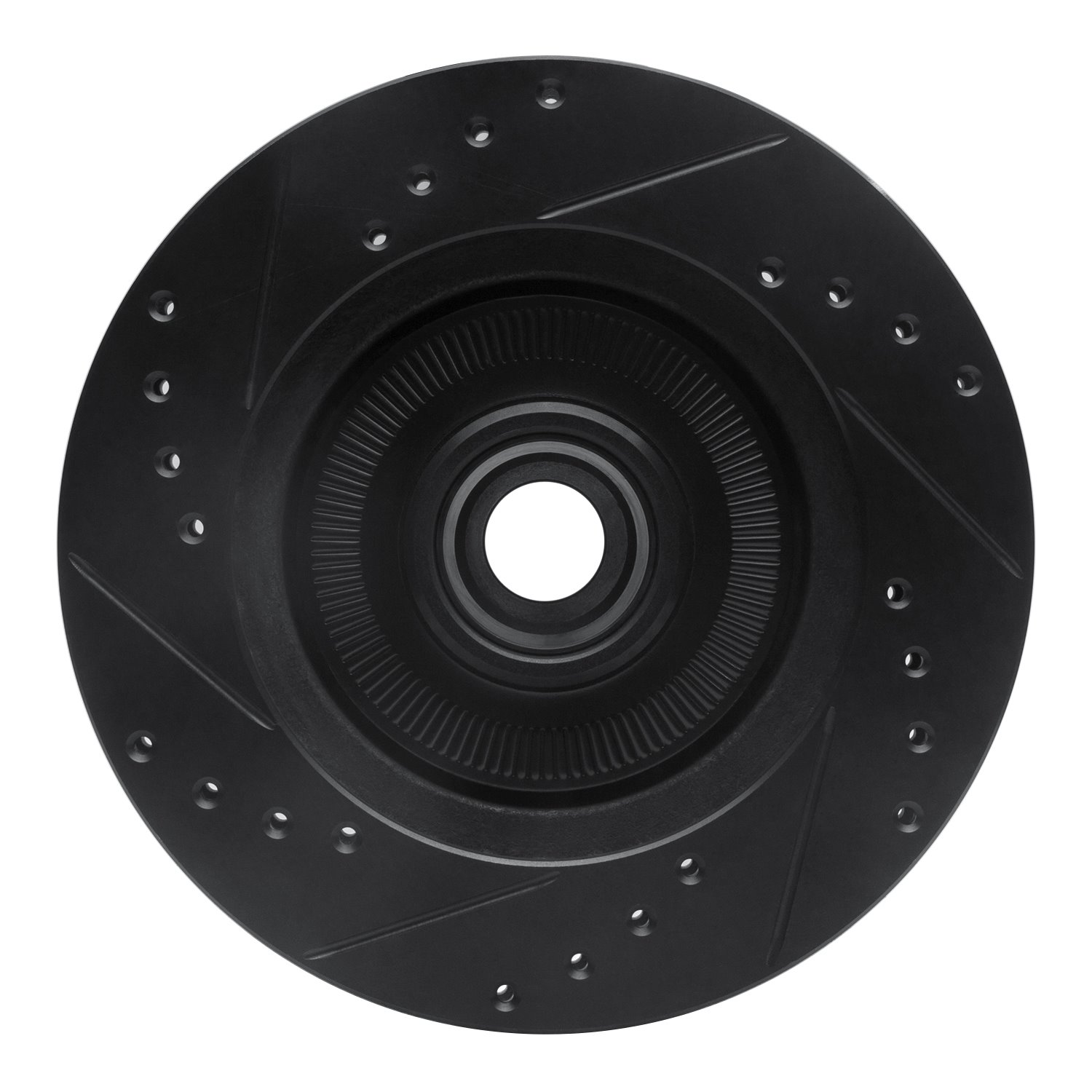 E-Line Drilled & Slotted Black Brake Rotor, 1984-1987 Ford/Lincoln/Mercury/Mazda, Position: Front Right