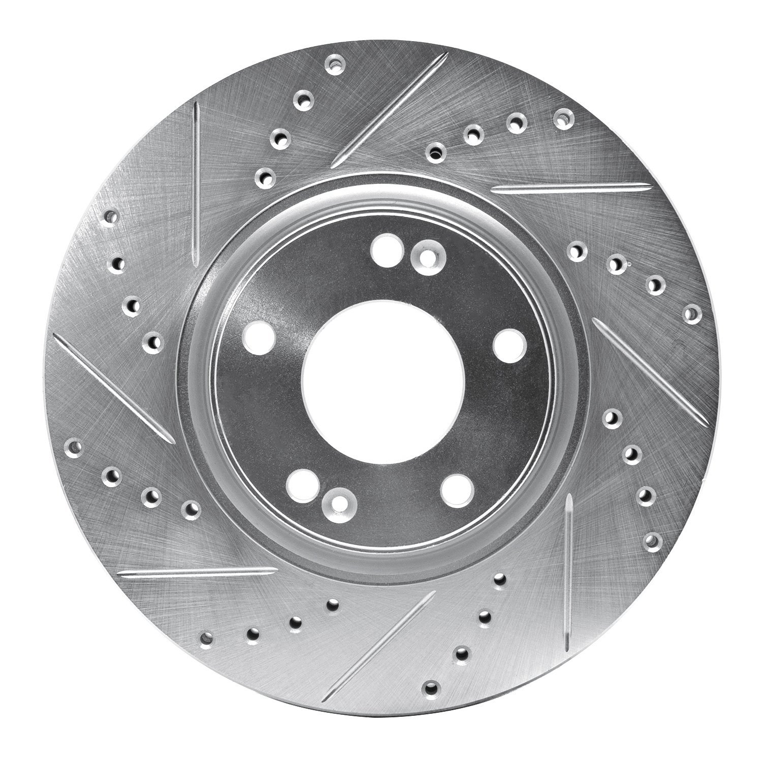E-Line Drilled & Slotted Silver Brake Rotor, 2004-2011 Kia/Hyundai/Genesis, Position: Front Left