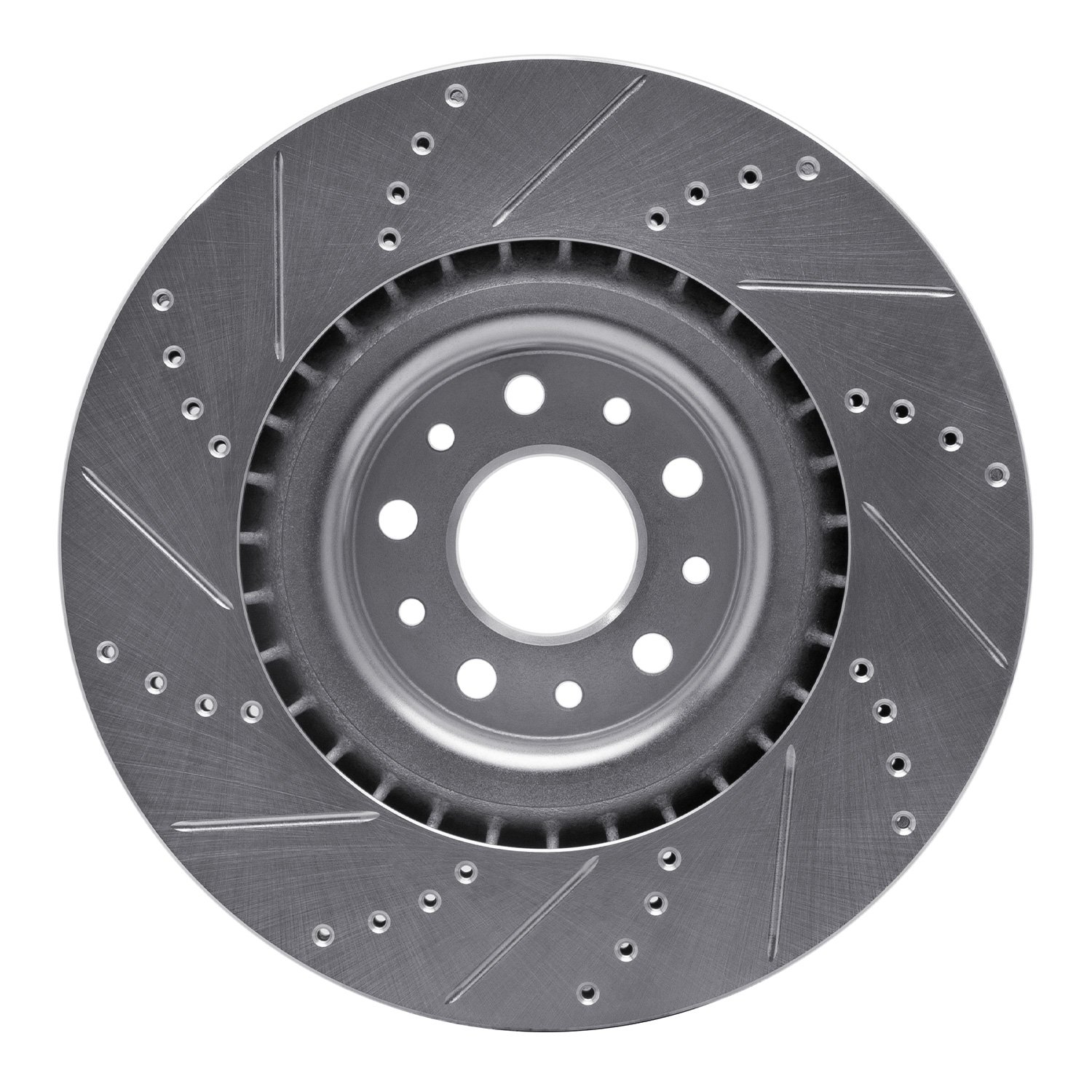 E-Line Drilled & Slotted Silver Brake Rotor, 2014-2019 Mopar, Position: Front Right