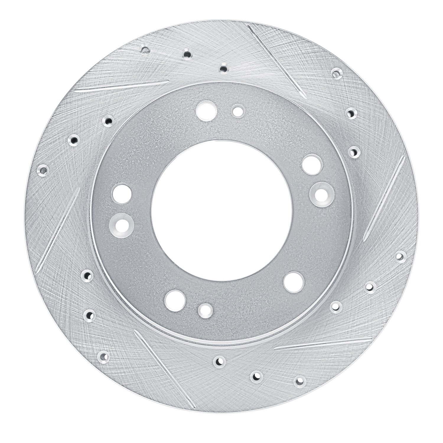 E-Line Drilled & Slotted Silver Brake Rotor, 1995-2002 Kia/Hyundai/Genesis, Position: Front Right