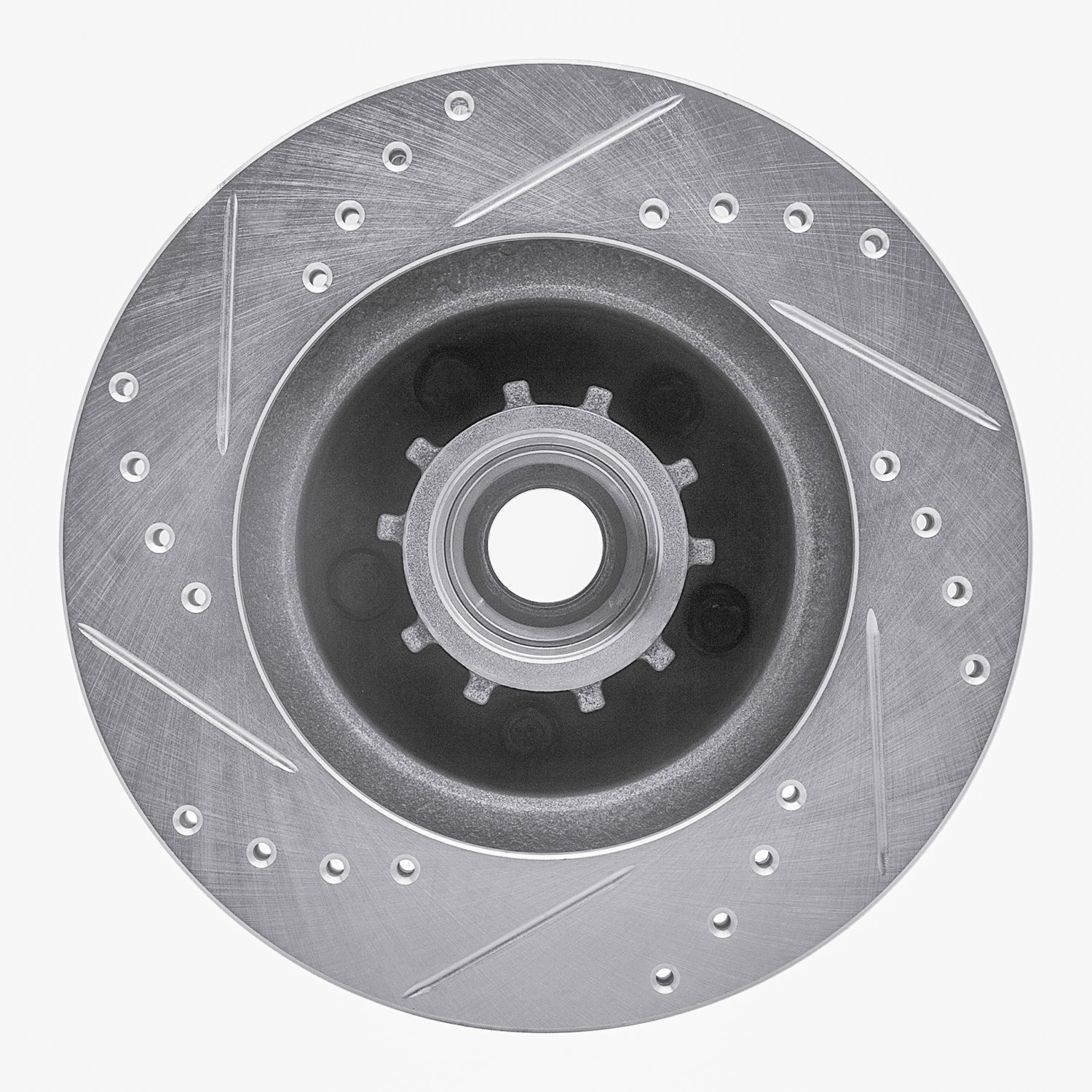 E-Line Drilled & Slotted Silver Brake Rotor, 1973-1989 Mopar, Position: Front Right