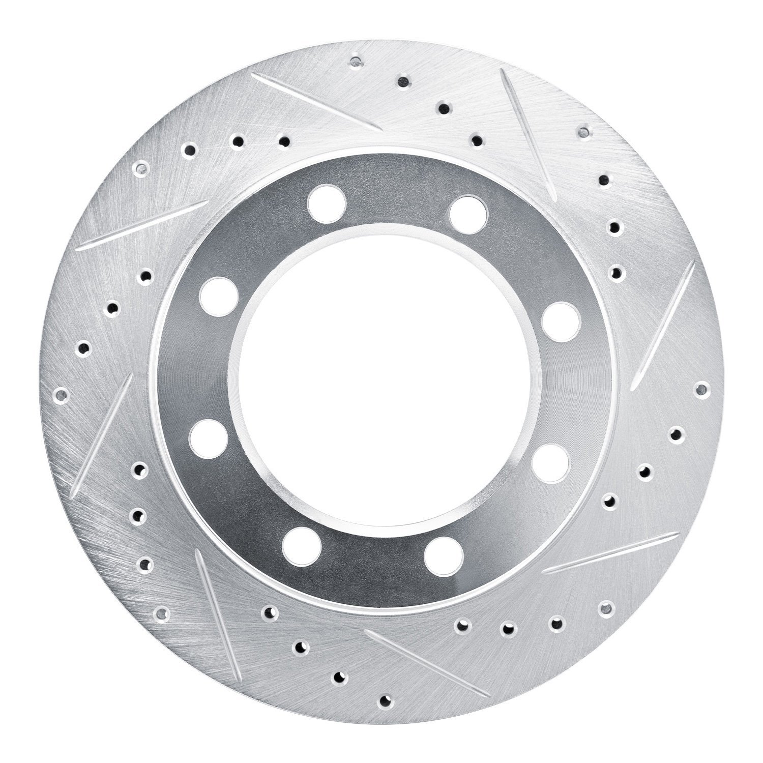 E-Line Drilled & Slotted Silver Brake Rotor, 1977-1979 Ford/Lincoln/Mercury/Mazda, Position: Front Right