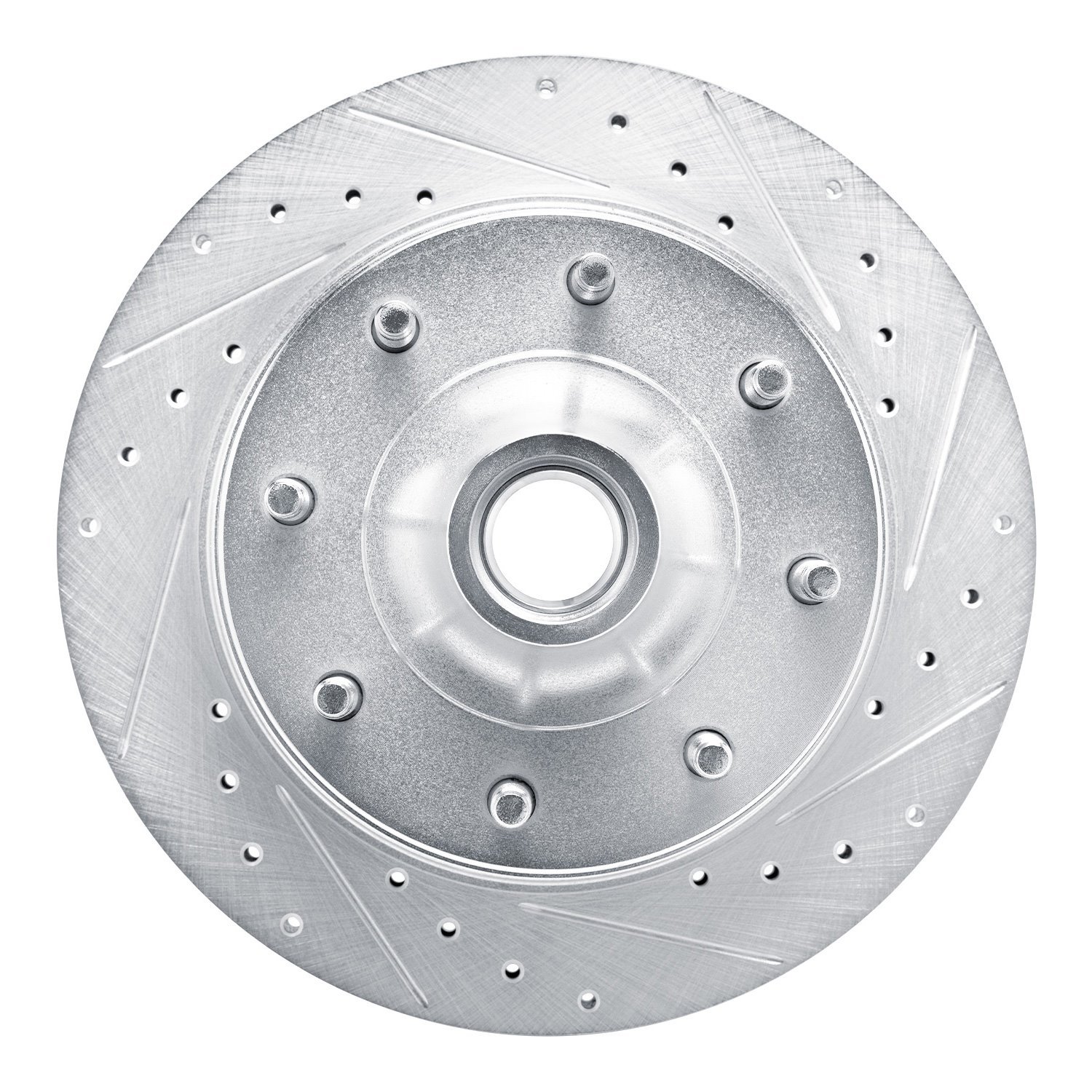 E-Line Drilled & Slotted Silver Brake Rotor, 1980-1985 Ford/Lincoln/Mercury/Mazda, Position: Front Right