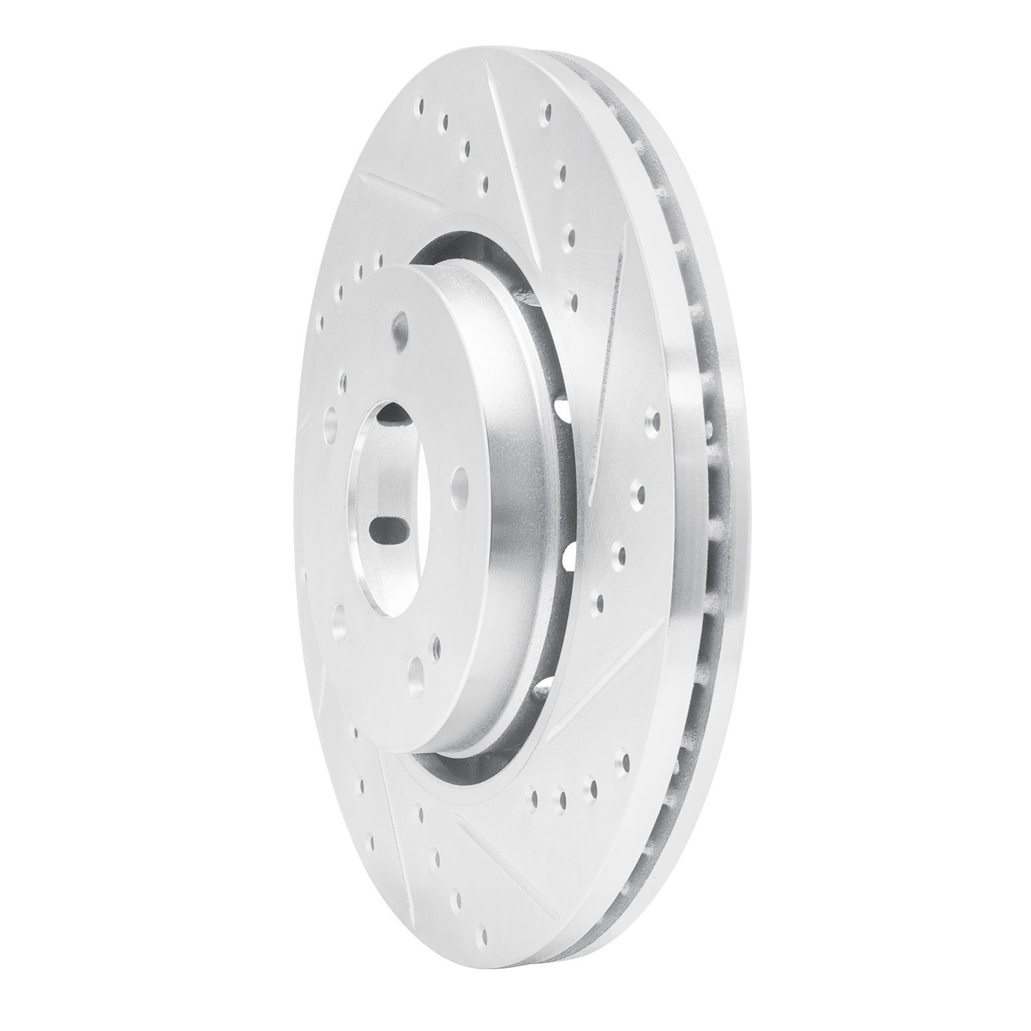 E-Line Drilled & Slotted Silver Brake Rotor, 2009-2015 Mitsubishi, Position: Front Right
