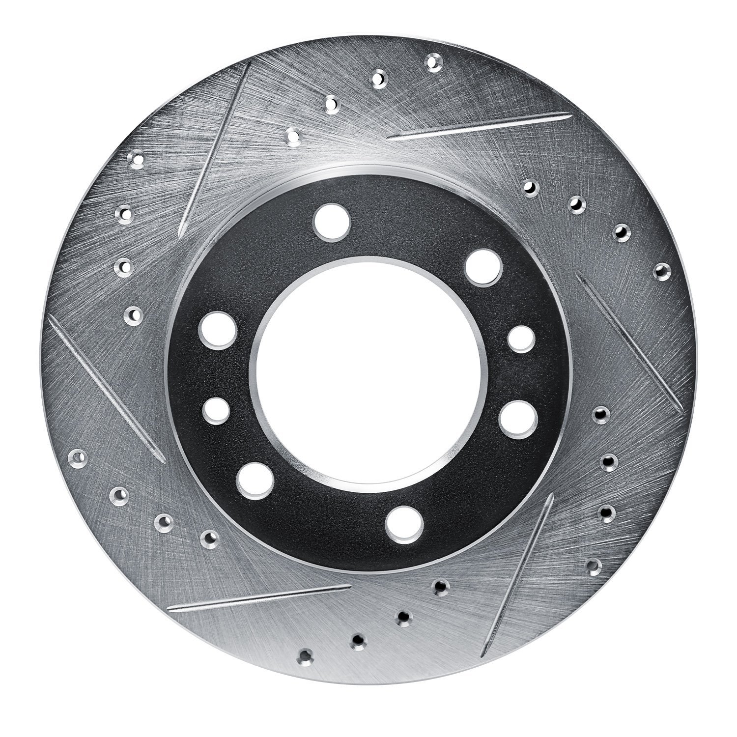 E-Line Drilled & Slotted Silver Brake Rotor, 1981-1989 Lexus/Toyota/Scion, Position: Front Left