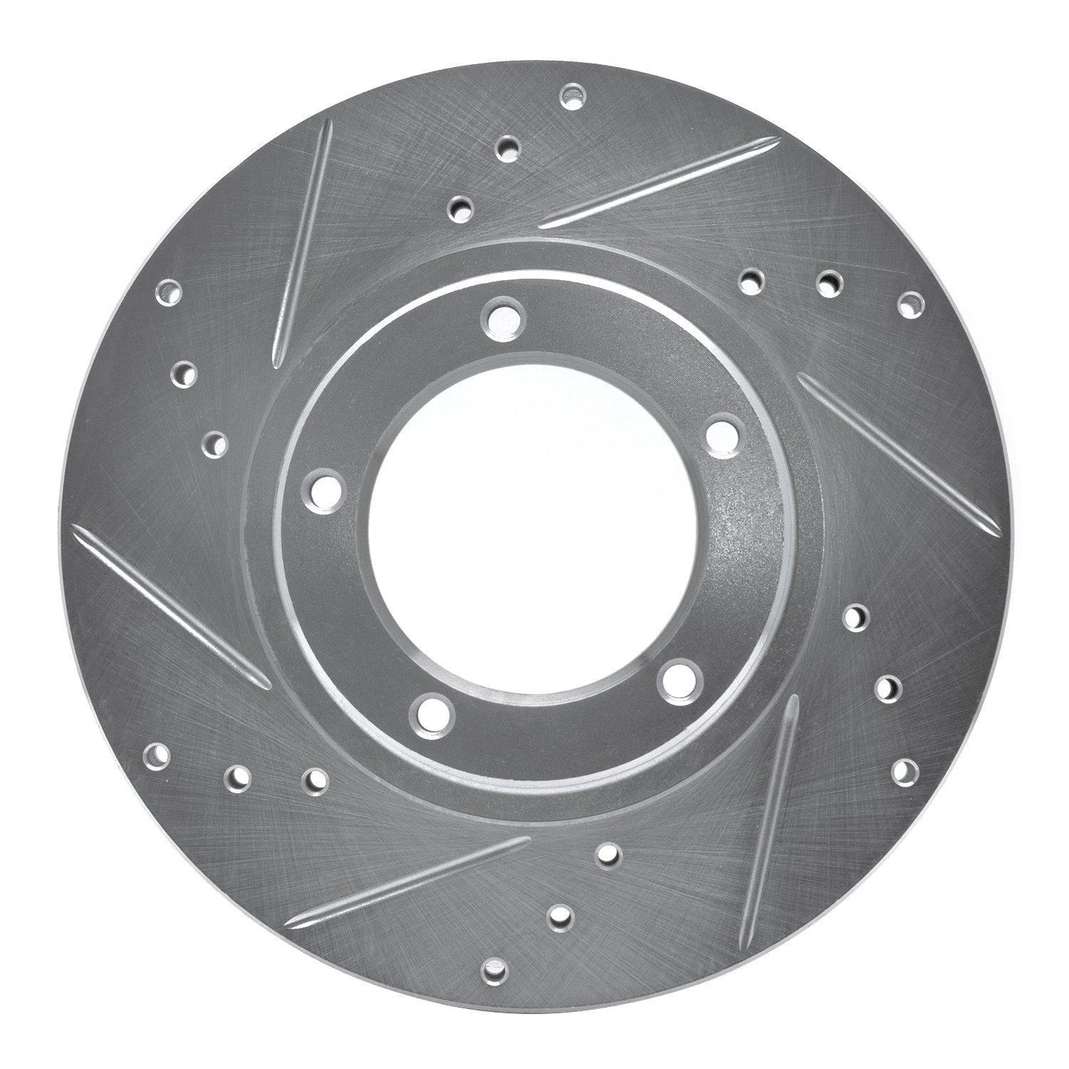 E-Line Drilled & Slotted Silver Brake Rotor, 1995-2004 Lexus/Toyota/Scion, Position: Front Left