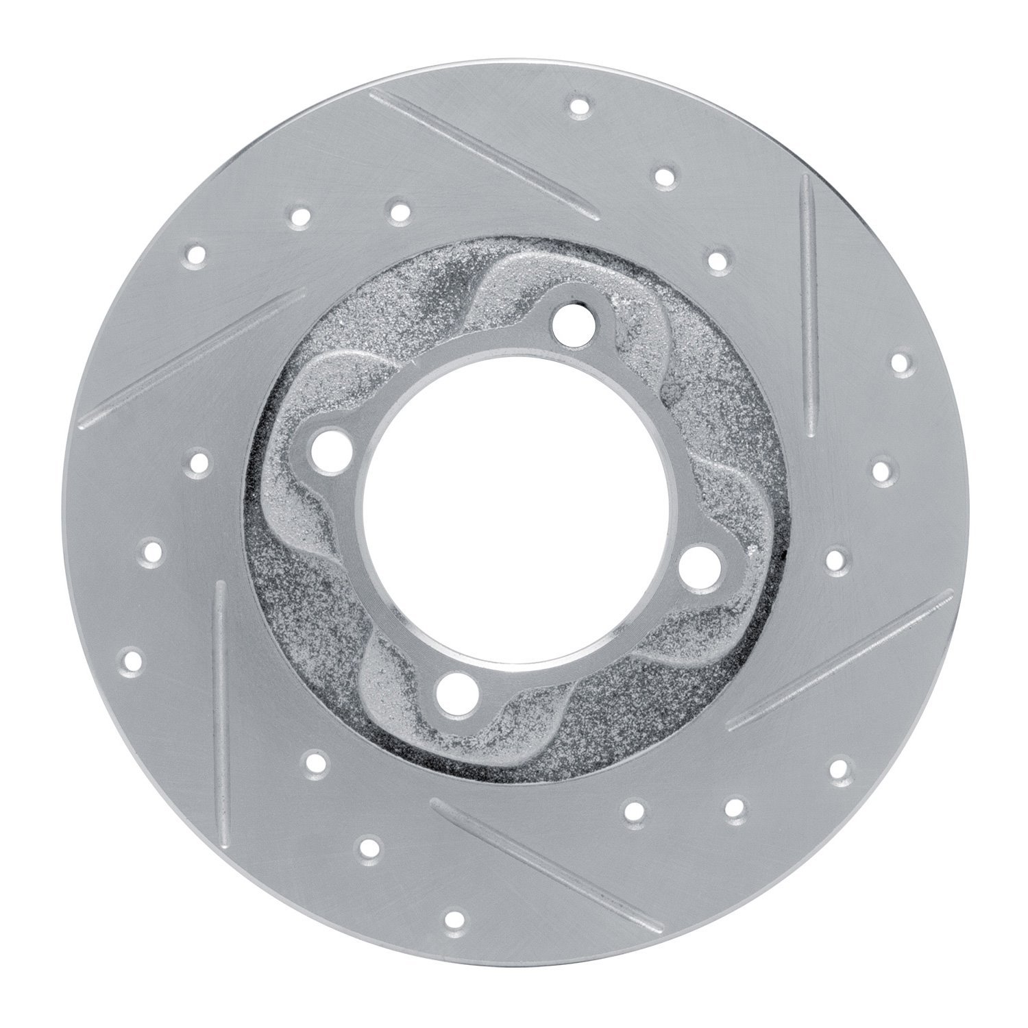 E-Line Drilled & Slotted Silver Brake Rotor, 1981-1985 Ford/Lincoln/Mercury/Mazda, Position: Front Right
