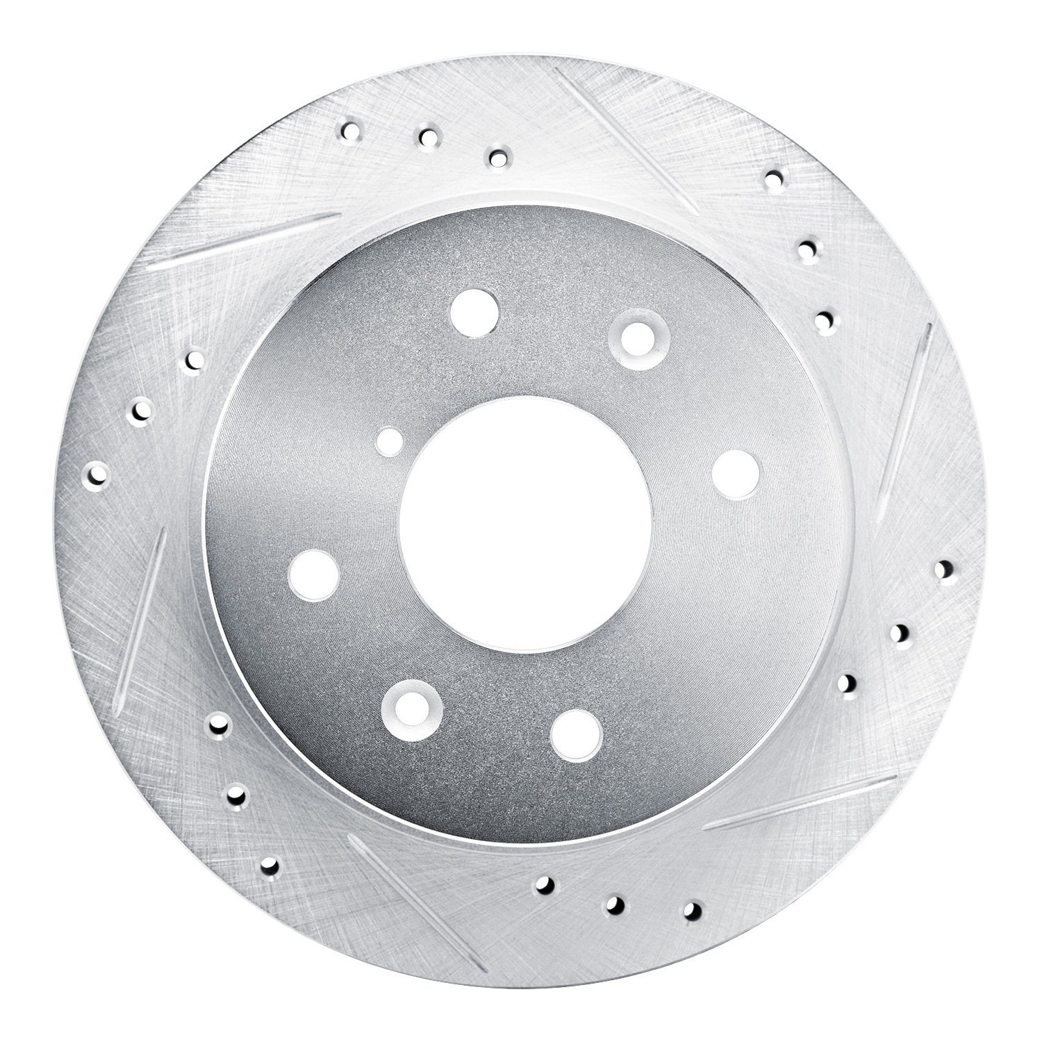 E-Line Drilled & Slotted Silver Brake Rotor, 1984-1985 Ford/Lincoln/Mercury/Mazda, Position: Rear Right