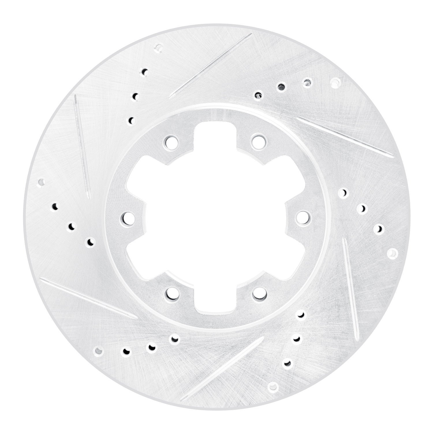 E-Line Drilled & Slotted Silver Brake Rotor, 2002-2018 Infiniti/Nissan, Position: Front Left