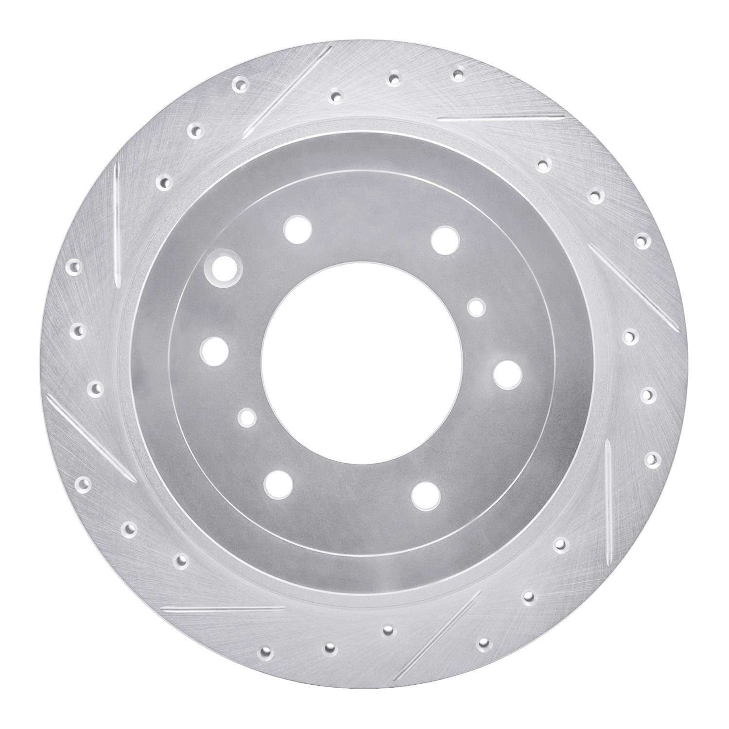 E-Line Drilled & Slotted Silver Brake Rotor, 2008-2014 Mitsubishi, Position: Rear Left
