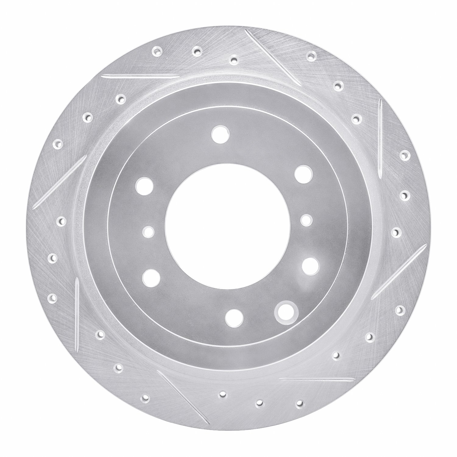 E-Line Drilled & Slotted Silver Brake Rotor, 2008-2014 Mitsubishi, Position: Rear Right