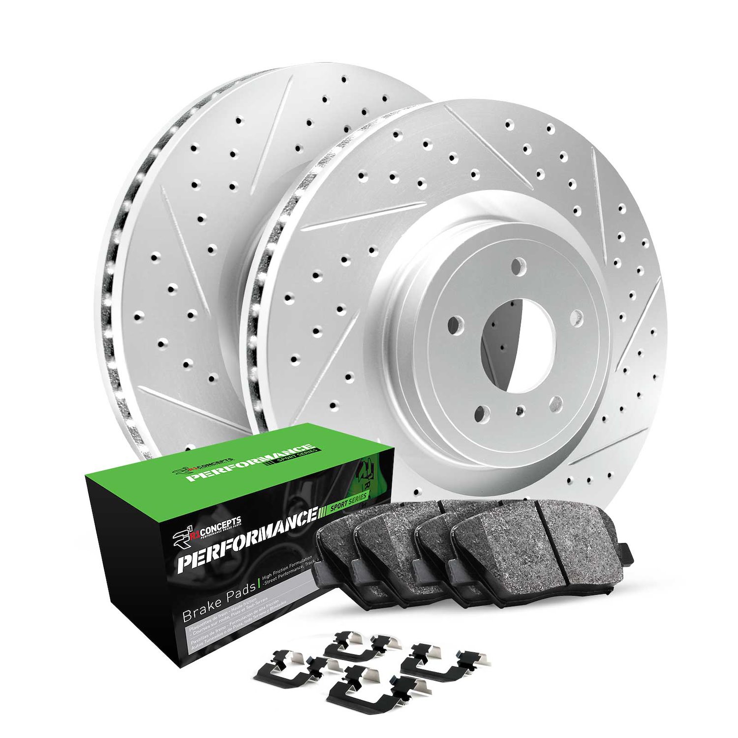 GEO-Carbon Drilled/Slotted Rotors w/Performance Sport Pads/Hardware, Fits Select Subaru, Position: Rear