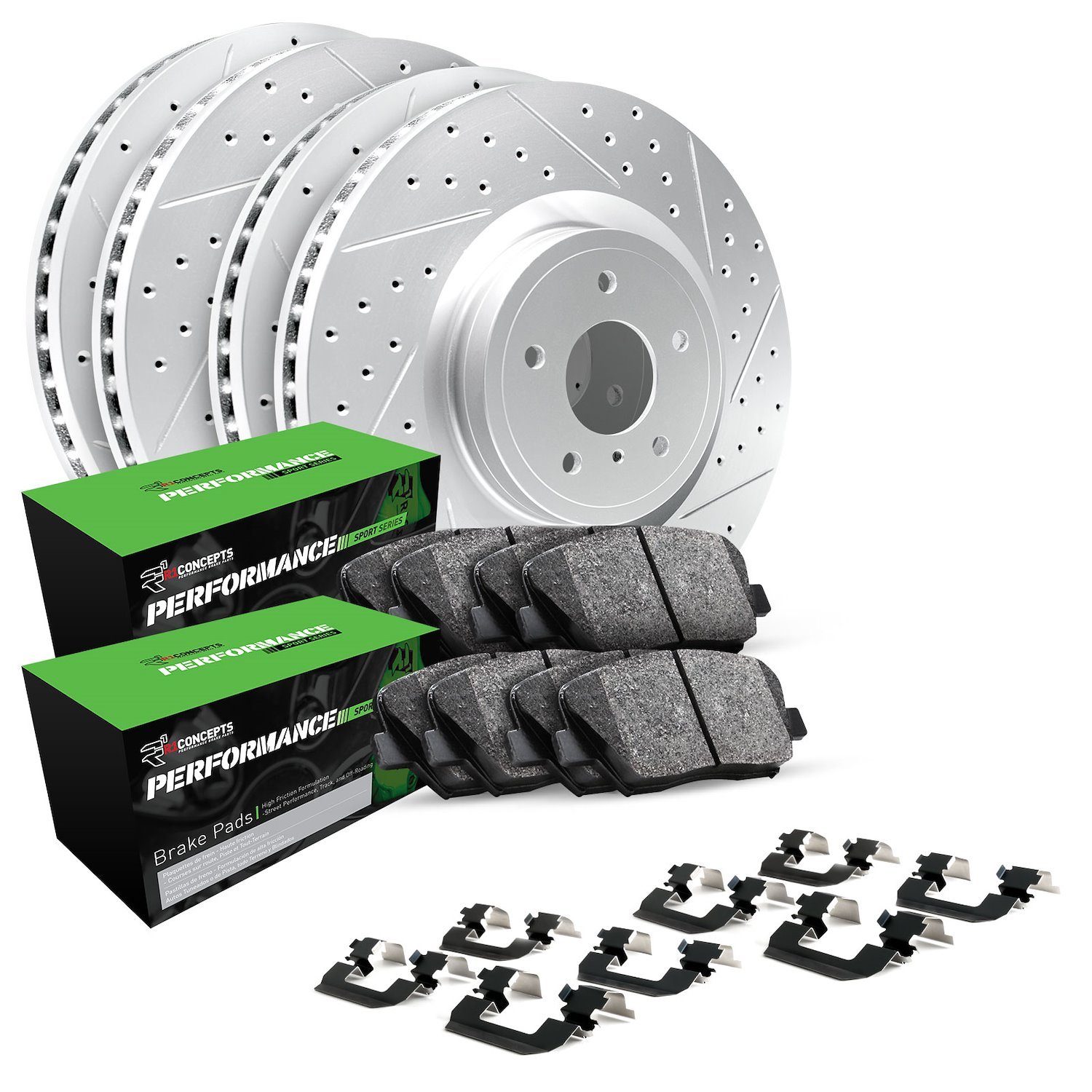 GEO-Carbon Drilled/Slotted Rotors w/Performance Sport Pads/Hardware, Fits Select Mopar, Position: Front/Rear