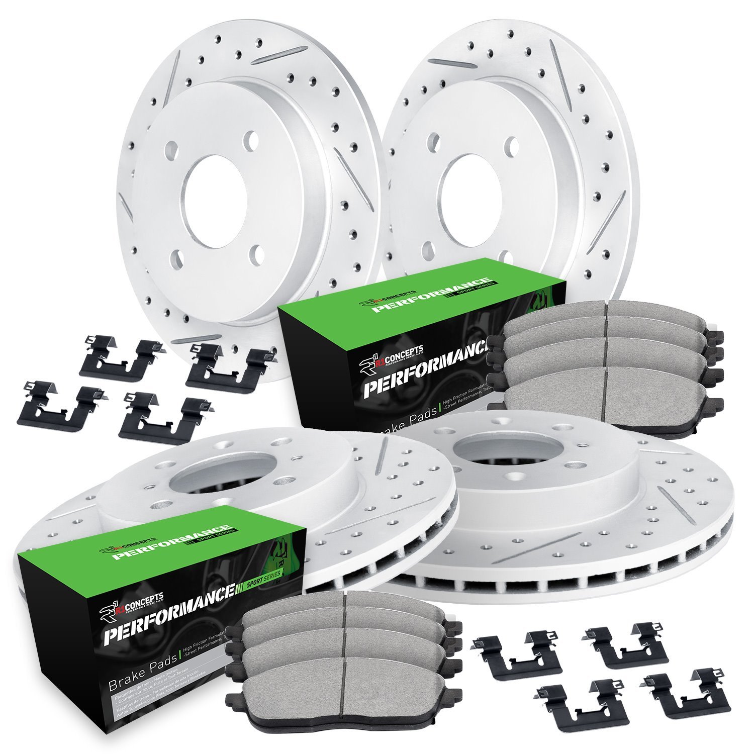 GEO-Carbon Drilled & Slotted Brake Rotor Set w/Performance Sport Pads & Hardware, 1998-1998 Mitsubishi, Position: Front & Rear
