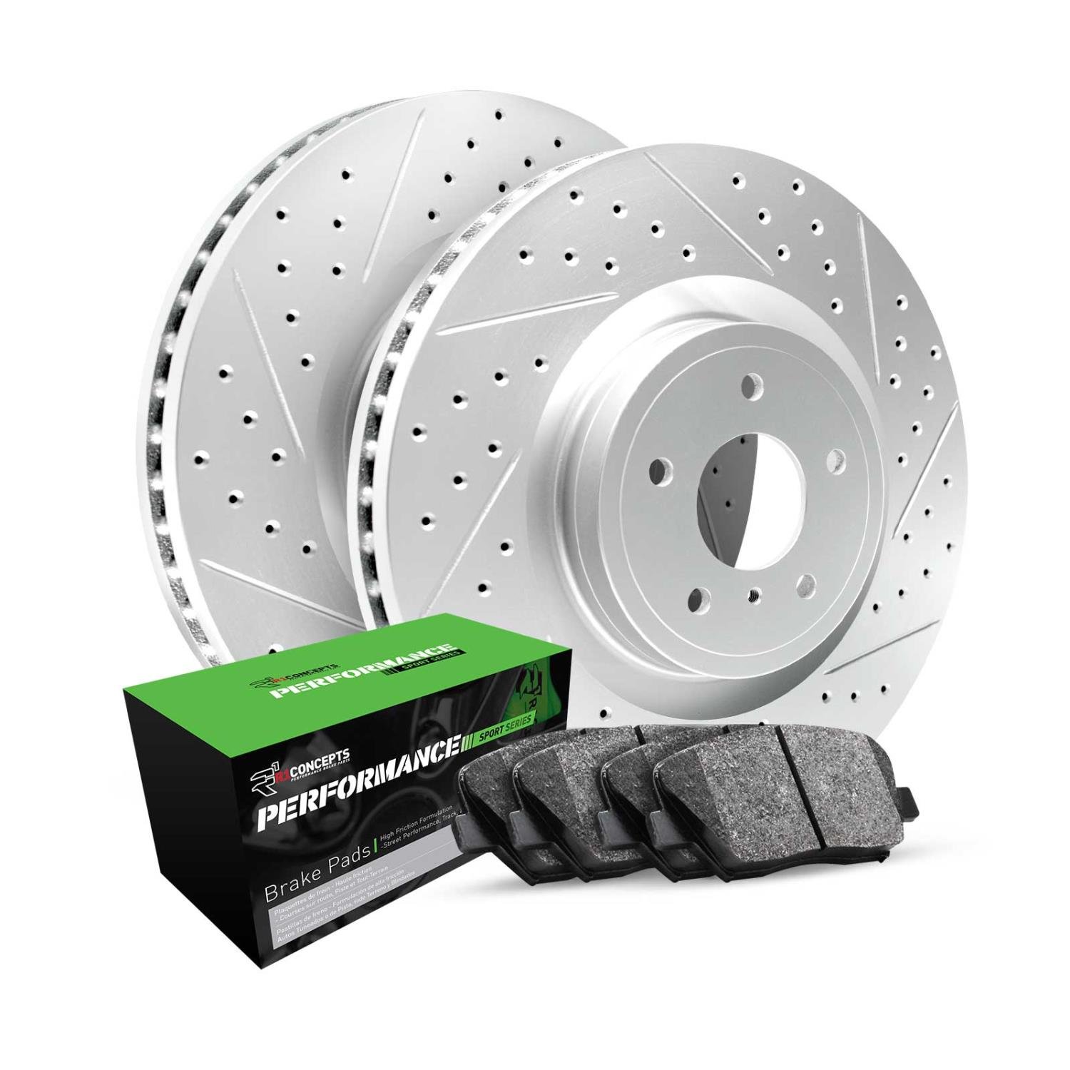 GEO-Carbon Drilled & Slotted Brake Rotor Set w/Performance Sport Pads, 1988-1996 GM, Position: Front