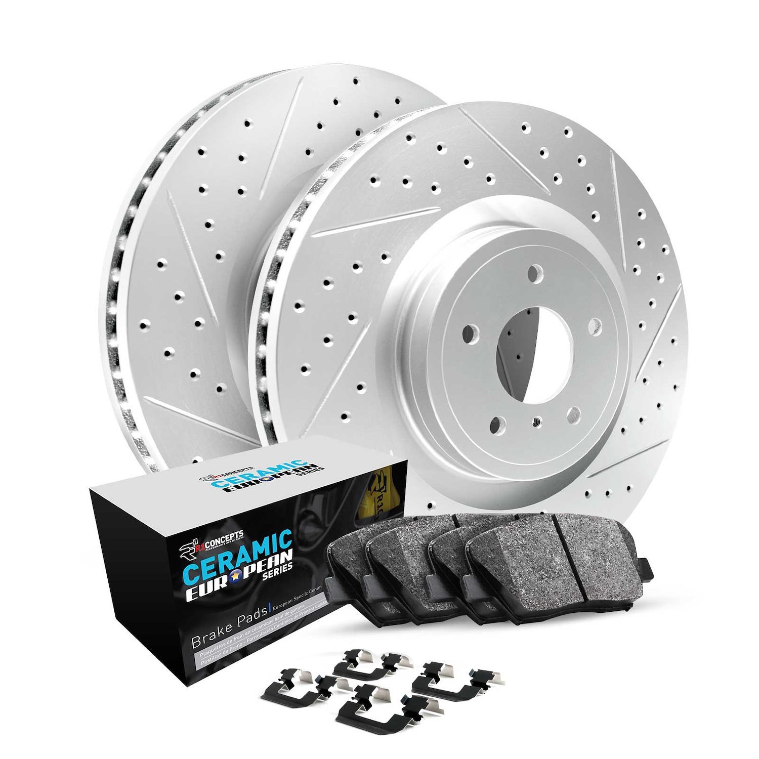 GEO-Carbon Drilled/Slotted Rotors w/Euro Ceramic Pads/Hardware, 2014-2021 Audi/Porsche/Volkswagen, Position: Front