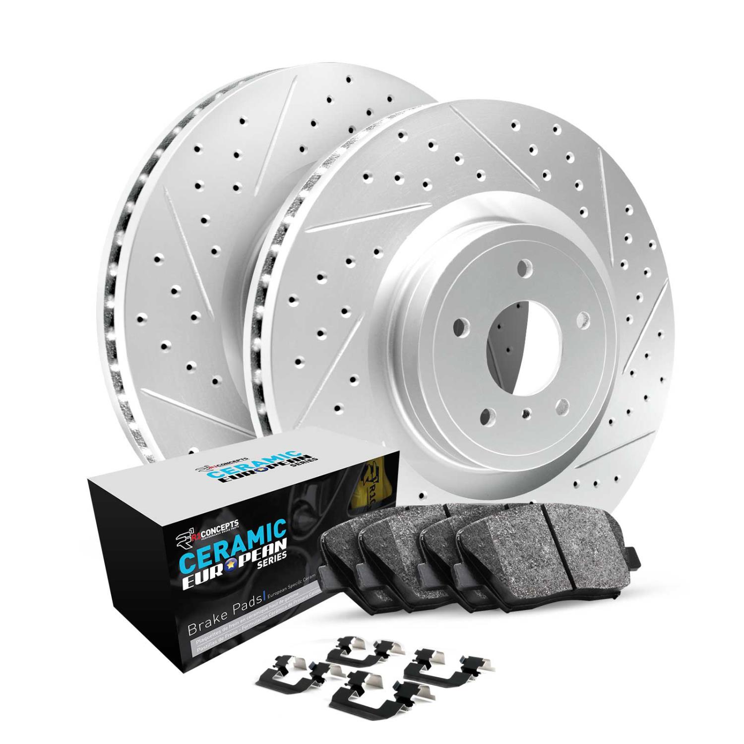 GEO-Carbon Drilled & Slotted Brake Rotor Set w/Euro Ceramic Pads & Hardware, 2007-2016 Volvo, Position: Front