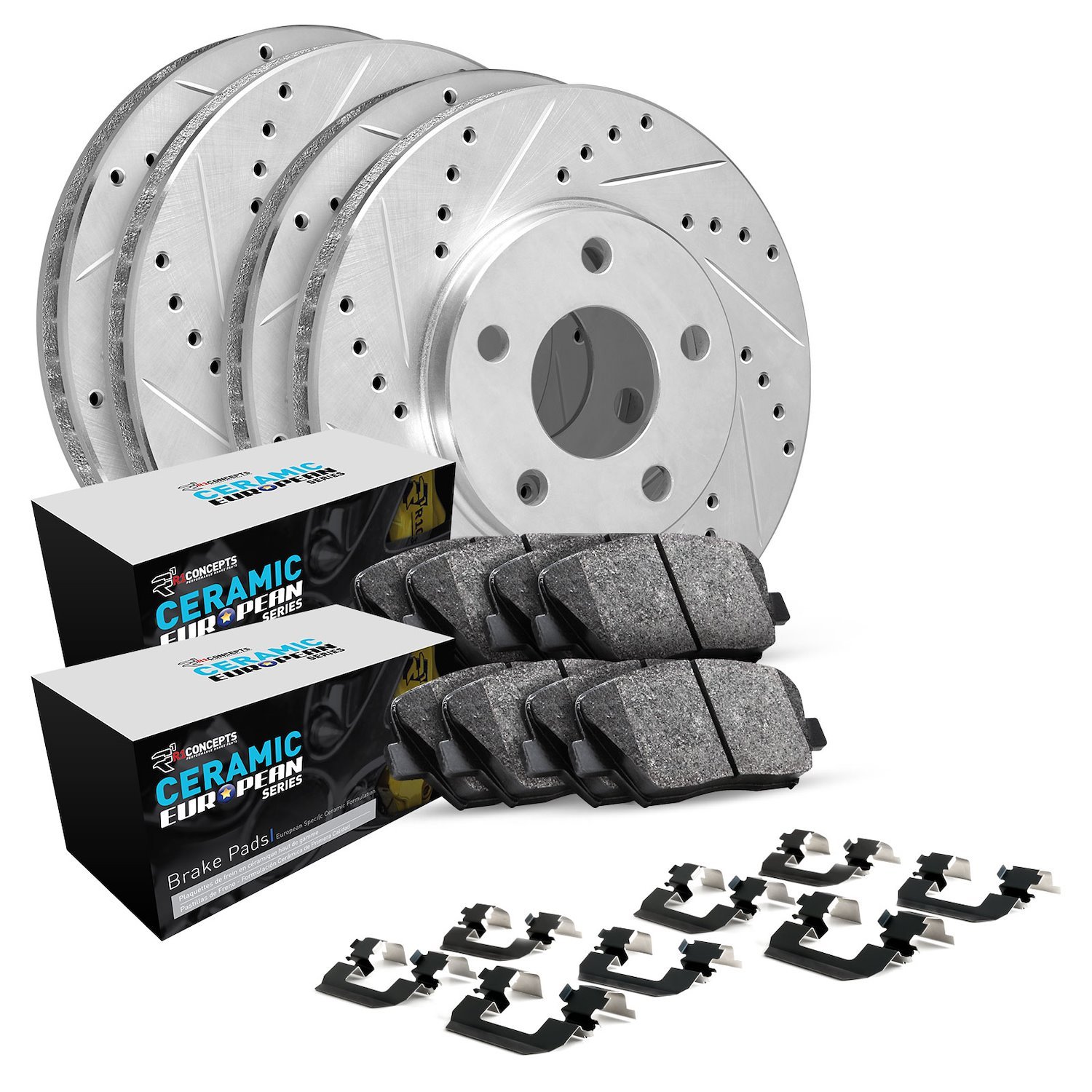 GEO-Carbon Drilled/Slotted Rotors w/Euro Ceramic Pads/Hardware, 2015-2019 Fits Multiple Makes/Models, Position: Front/Rear