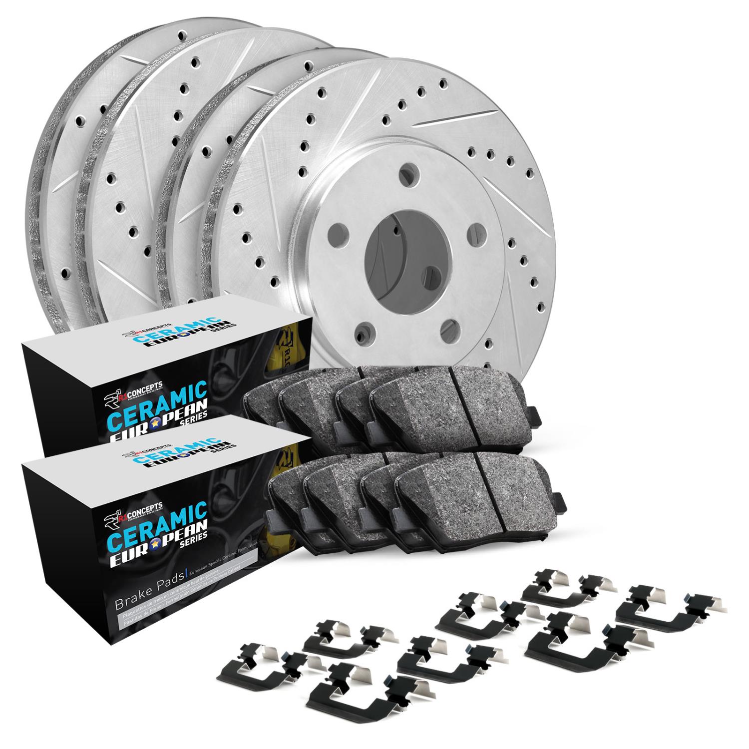 GEO-Carbon Drilled/Slotted Rotors w/Euro Ceramic Pads/Hardware, Fits Select BMW, Position: Front/Rear