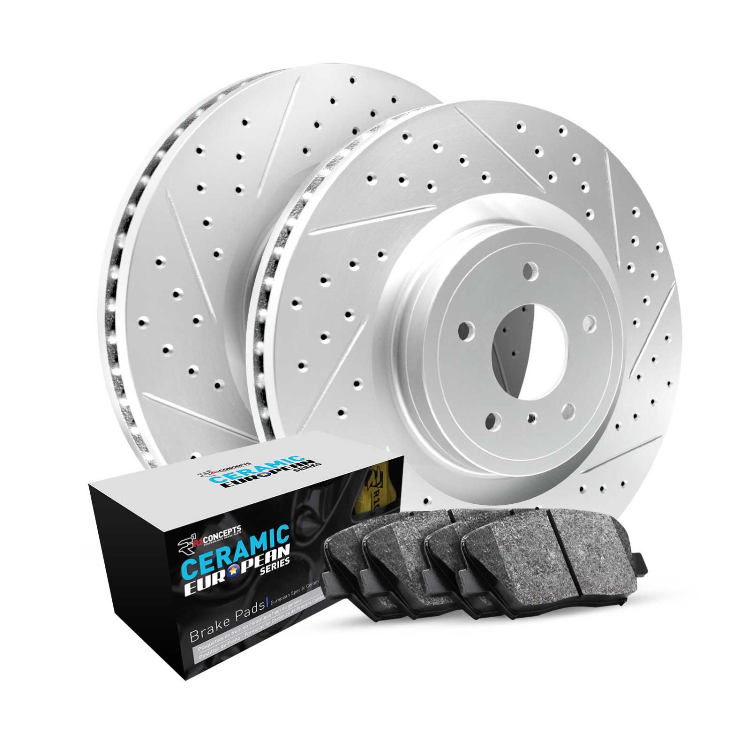 GEO-Carbon Drilled & Slotted Brake Rotor Set w/Euro Ceramic Pads, 2012-2019 Mopar, Position: Front